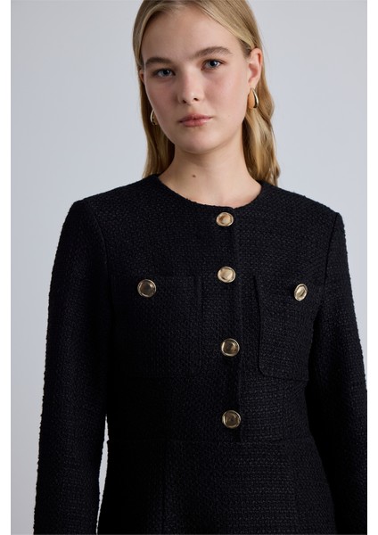 Dokulu Düğmeli Elbise Siyah indirimleri