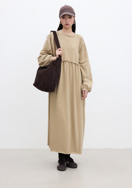 Oversıze Büzgülü Elbise Camel