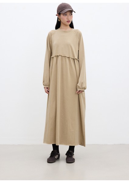 Oversıze Büzgülü Elbise Camel