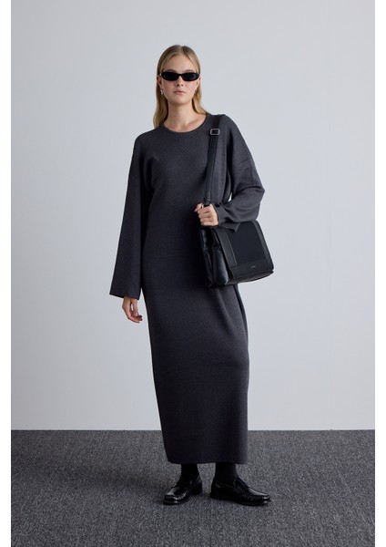 Triko Bağlamalı Elbise Antrasit