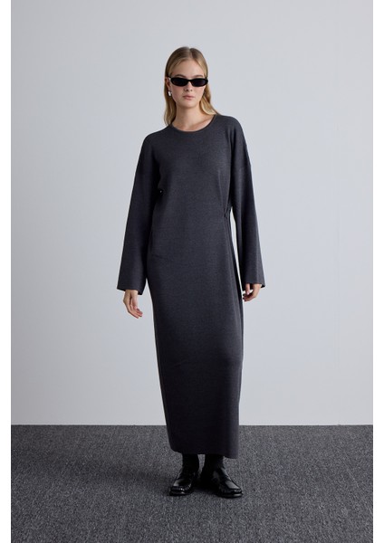 Triko Bağlamalı Elbise Antrasit modelleri