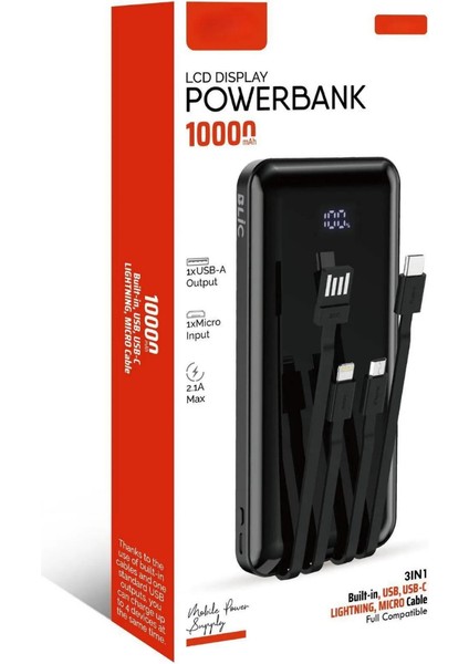 10.000 Mah Plus Dijital Göstergeli Dahili Çoklu Kablolu Powerbank,siyah,taşınabilir Şarj Cihazı