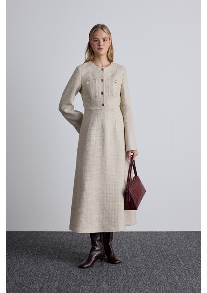 Dokulu Düğmeli Elbise Bej fiyatları
