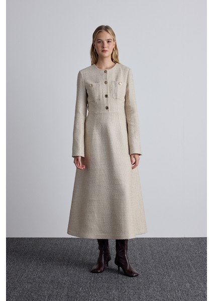 Dokulu Düğmeli Elbise Bej modelleri