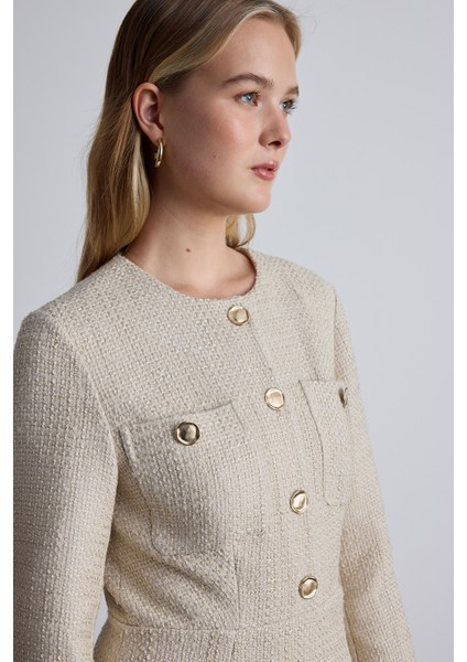 Dokulu Düğmeli Elbise Bej fırsatları