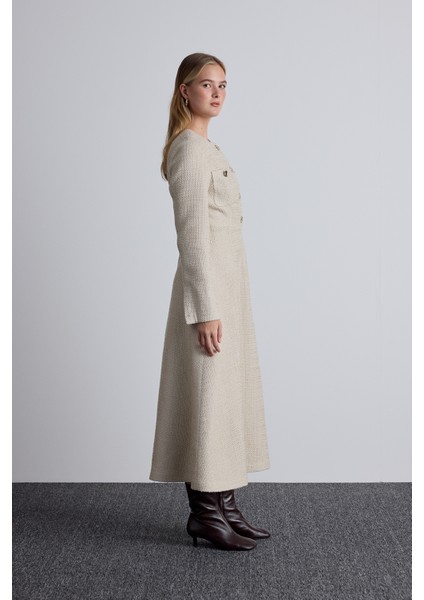 Dokulu Düğmeli Elbise Bej indirimleri