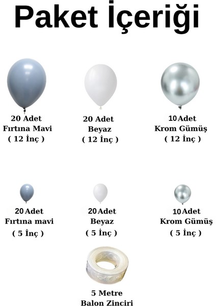 Doğum Günü Konsepti *fırtına Mavi*krom Gümüş*beyaz* 100 Lü Balon Zinciri Parti Seti