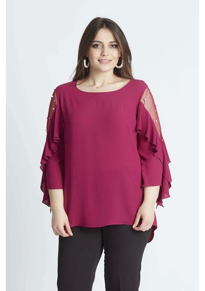 28004 Kolları Incili Büyük Beden Bluz Violet