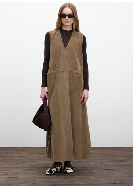 Fitilli Kadife Jile Elbise Camel