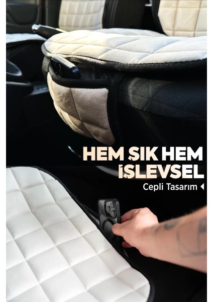 Volksvogen Passat B6 Bej Renk Tay Tüyü Cepli & Terletmez Sırtlı Oto Koltuk Minder Seti - Koltuk Koruma Kılıfı (Ön & Arka Tam Set)