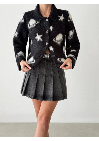 JOshine Siyah Yildiz Gezegen Desenli Düğmeli Hirka