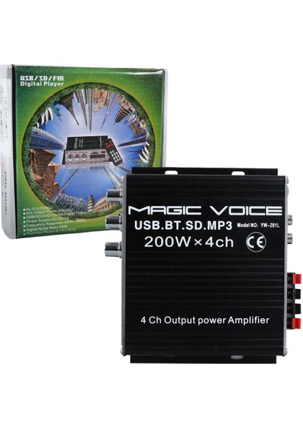 Magıcvoıce YW-281L 12 Volt 200 Watt Motosiklet Bluetooth Amfi Usb/sd 4 Kanal Pazarcı - Anfi (154X140X42MM)