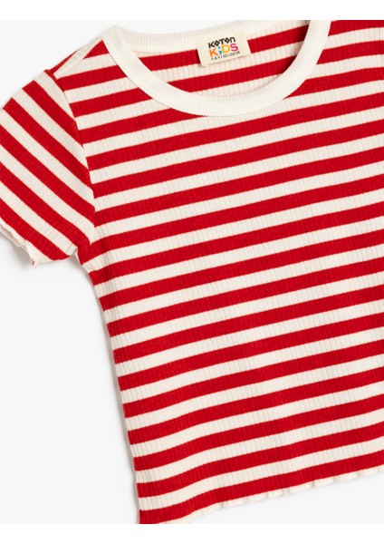 Kısa Kollu Bisiklet Yaka Çizgili Crop Tişört