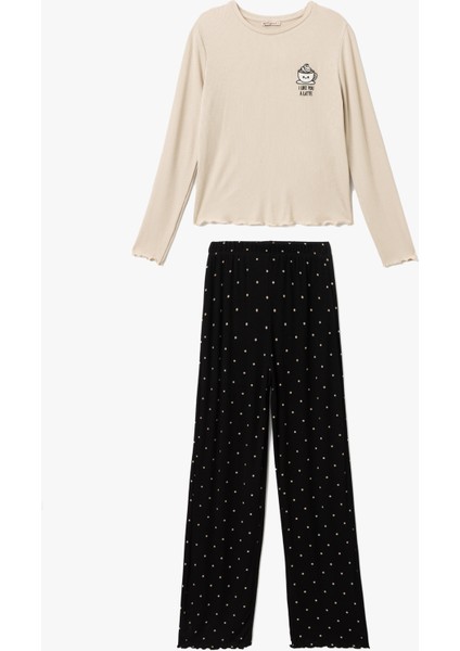 Baskı Detaylı Viskon Uzun Kollu Pijama Takımı
