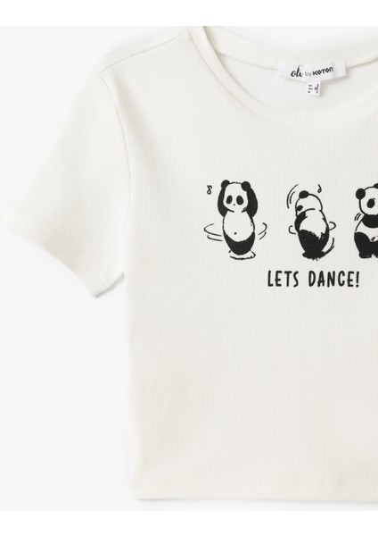 Panda Baskılı Kısa Kollu Slim Fit Crop Tişört