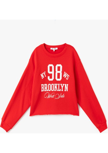 Kolej Baskılı Bisiklet Yaka Crop Sweatshirt