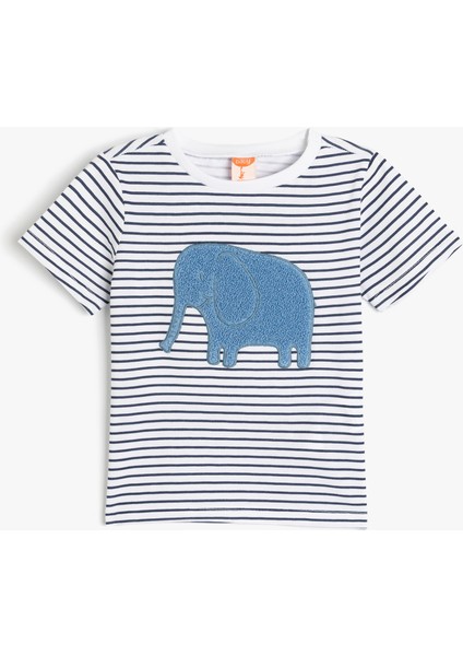 Fil Aplikeli Bisiklet Yaka Kısa Kollu Pamuklu Tişört