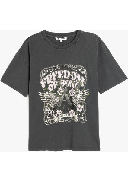 Slogan Baskılı Kısa Kollu Bisiklet Yaka Yıkamalı Oversize Tişört