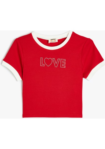 Pamuklu Bisiklet Yaka Baskılı Crop Tişört