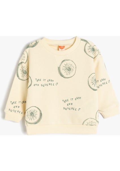 Uzun Kollu Bisiklet Yaka Baskı Detaylı Pamuklu Sweatshirt