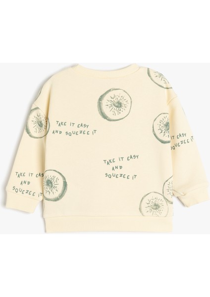 Uzun Kollu Bisiklet Yaka Baskı Detaylı Pamuklu Sweatshirt