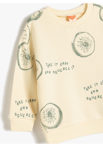 Uzun Kollu Bisiklet Yaka Baskı Detaylı Pamuklu Sweatshirt
