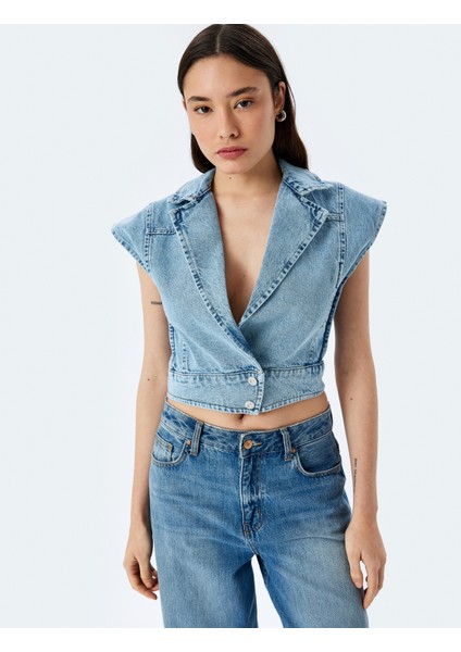 Kolsuz Kruvaze Yaka Crop Denim Düğmeli Yelek