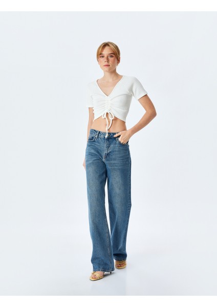 Büzgülü Slim Fit V Yaka Kısa Kollu Crop Tişört fiyatları