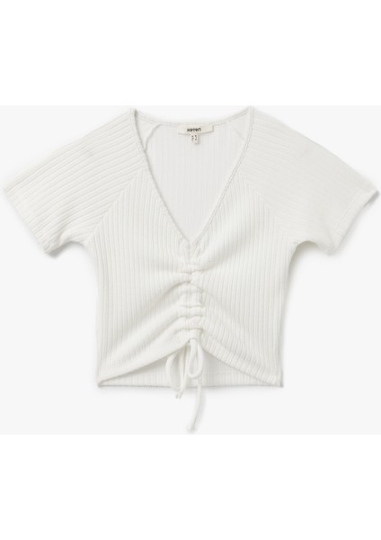 Büzgülü Slim Fit V Yaka Kısa Kollu Crop Tişört modelleri