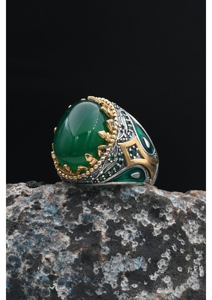 Yeşil Akik Taşlı 925 Ayar Gümüş Erkek Yüzüğü 901428