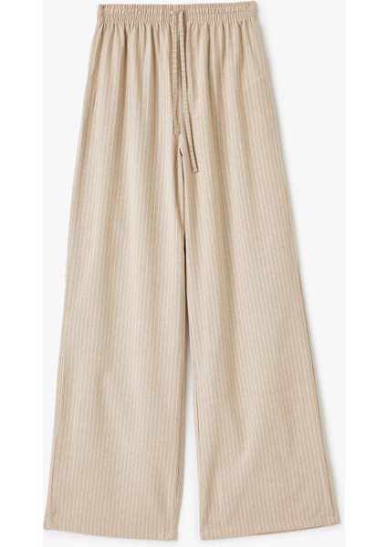 Viskon Karışımlı Beli Bağcıklı Çizgili Bol Paça Pantolon