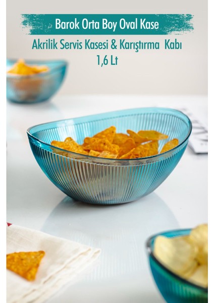 Akrilik Barok Aquamarin Orta Boy Oval Meyve & Salata Kasesi & Karıştırma Kabı / 1,6 Lt (Cam Değildir)