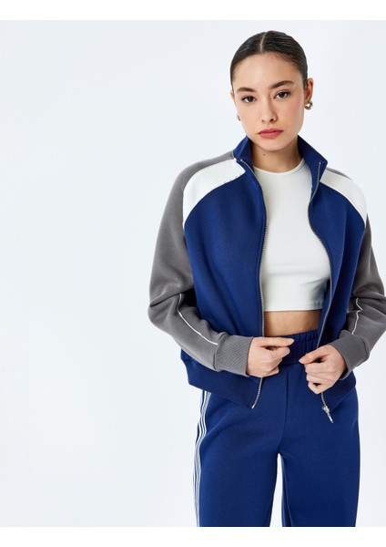 Renk Bloklu Reglan Kol Fermuarlı Sweatshirt