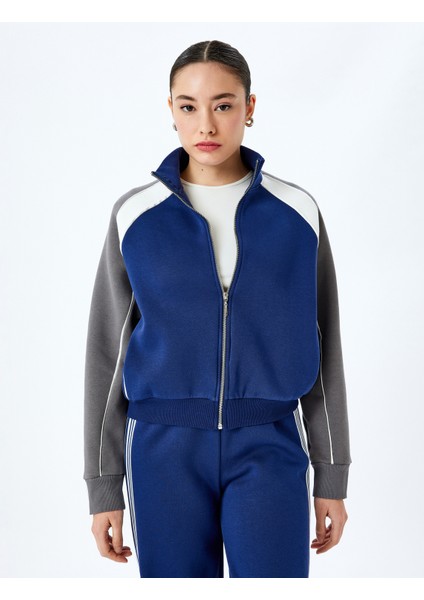 Renk Bloklu Reglan Kol Fermuarlı Sweatshirt