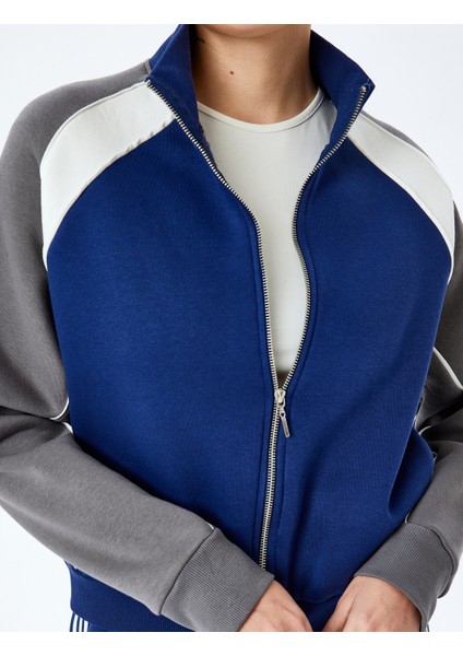 Renk Bloklu Reglan Kol Fermuarlı Sweatshirt