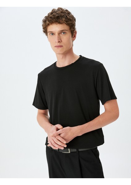 Bisiklet Yaka Kısa Kollu Viskon Karışımlı Basic Slim Fit Tişört