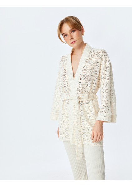 Pamuklu Geniş Kol Kuşak Detaylı Uzun Kroşe Kimono Ceket