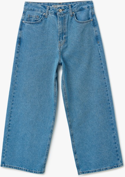 Yüksek Bel Düğmeli Cepli Geniş Paça Denim Pantolon - Crop Wide Leg Jeans