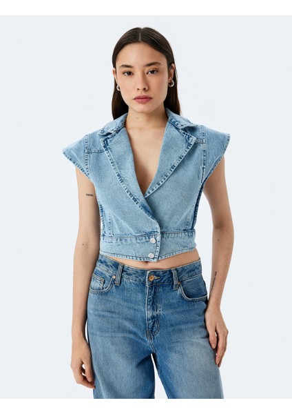 Kolsuz Kruvaze Yaka Crop Denim Düğmeli Yelek modelleri