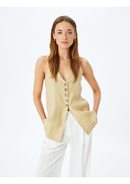 Sırt Dekolte Detaylı Halter Yaka Düğmeli Uzun Yelek fiyatları