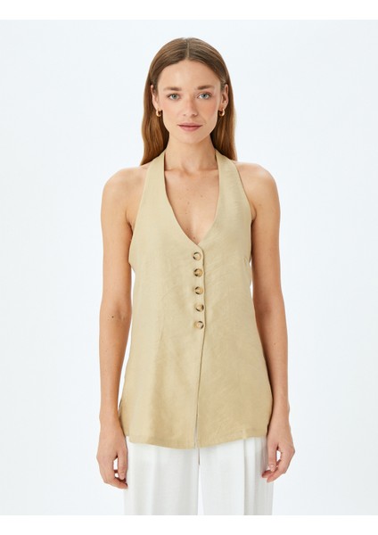 Sırt Dekolte Detaylı Halter Yaka Düğmeli Uzun Yelek modelleri