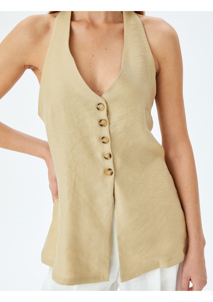 Sırt Dekolte Detaylı Halter Yaka Düğmeli Uzun Yelek indirimleri