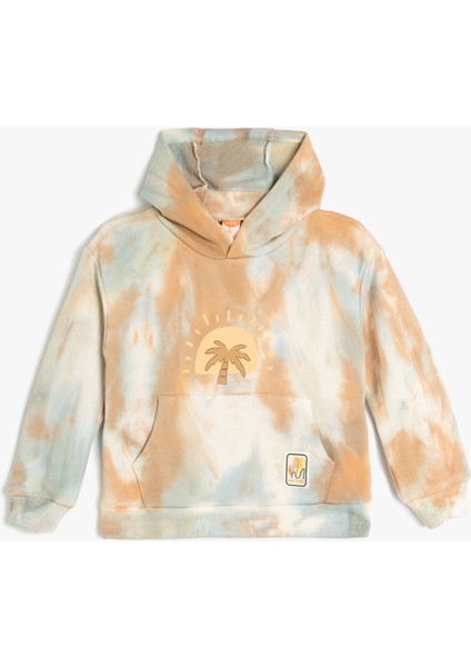 Kapşonlu Palmiye Baskılı Uzun Kollu Pamuklu Sweatshirt