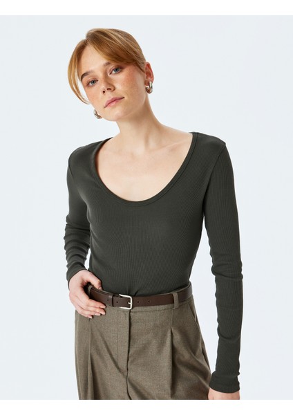 Pamuklu Uzun Kollu U Yaka Slim Fit Fitilli Tişört