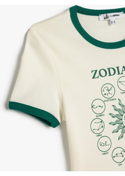 Astroloji Baskılı Kısa Kollu Biyeli Crop Tişört modelleri
