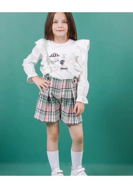 Kız Çocuk Fır Fır Detay Bluz Lastikli Bel Kalın Dokuma Şort Takım