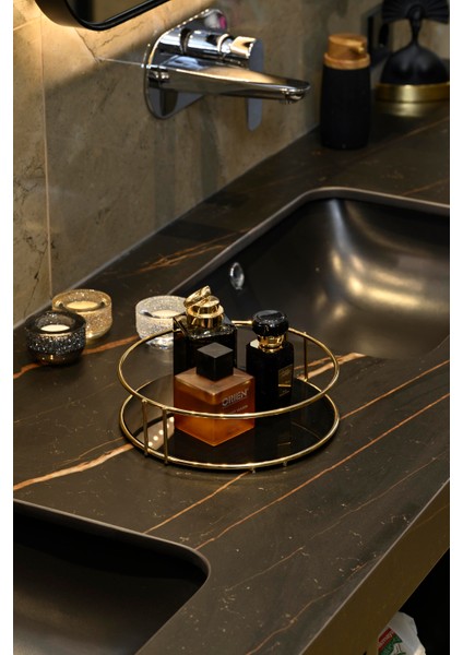 Altın Banyo Organizer Kozmetik Takı Parfüm Havlu Düzenleyici Sunum Tepsisi Pleksili -Metal Paslanmaz