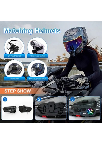 2 Telefon Bağlantılı Su Geçirmez Motosiklet Kask Intercom Bluetooth 5.3 300M Intercom 2.000 Mah