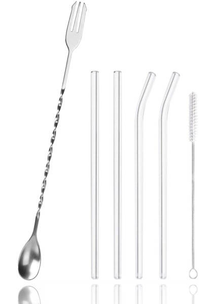 Burgulu Çatallı Bar Kaşığı 33 cm Kokteyl Karıştırma Kaşığı & Cam Pipet Seti