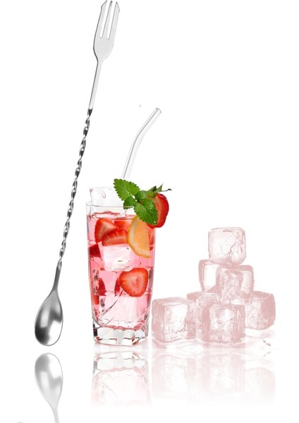 Burgulu Çatallı Bar Kaşığı 33 cm Kokteyl Karıştırma Kaşığı & Cam Pipet Seti modelleri